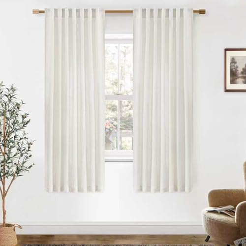 Linen Cotton Blend Curtains 63 Inch Length, Semi Sheer Hooks Rod