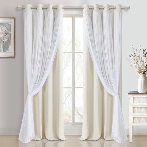 DWCN Ivory Blackout Curtains with Sheer Overlay with Tiebacks 96 Inch