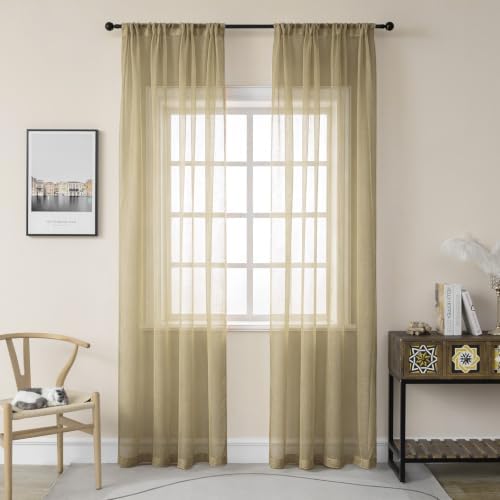 Tan Curtains Sheer 96 Inches Long Thin Textured Transparent Drapes