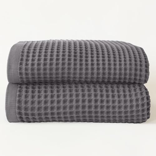Turkish Cotton Waffle Bath Towels Set of 2, Gray, 35x71