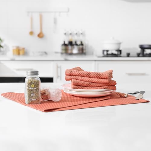 Kitinjoy 100% Cotton Waffle 4-Pack Kitchen Towels, 13" x 28", Coral