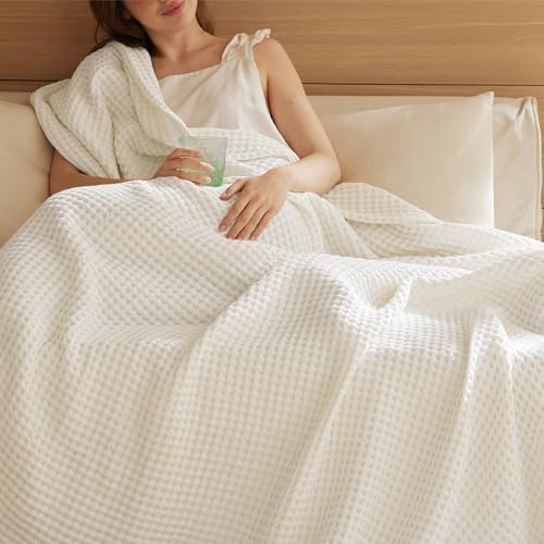 Bedsure Lightweight 100% Cotton Waffle Blanket, Queen, Ivory