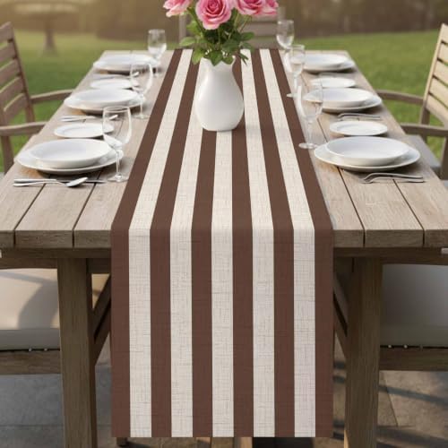 Taupe Brown Stripe Beige Striped Table Runners 90 Inches Long, Modern