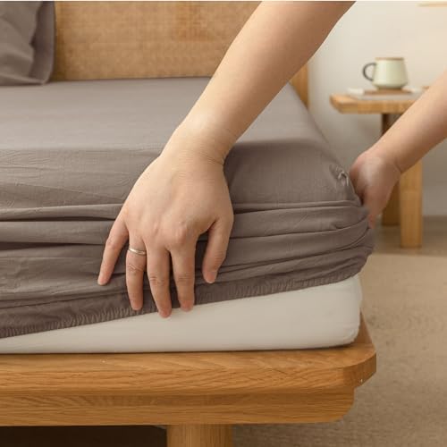 BESTOUCH 100% Washed Cotton Linen Feel Sheet Set, Pine Bark Brown Full