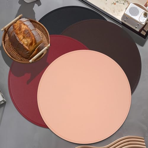 Faux Leather Placemats Set of 4, 15Inch Round Place Mats, Washable and