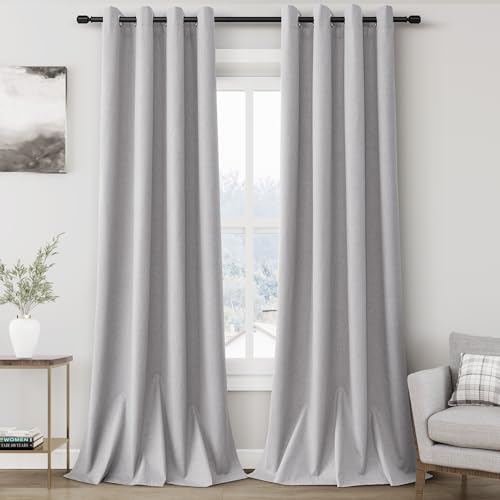 Grommet Grey 100% Blackout Linen Curtains 96 inches Long for Bedroom