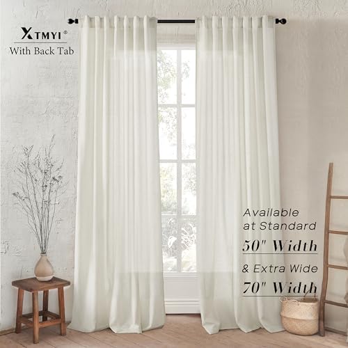 XTMYI Linen Curtains 96 Inch Long 2 Panel Set, Cream Sheer Pleated