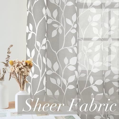 XTMYI Gray and White Sheer Curtains, Light Grey Leaf Pattern Window