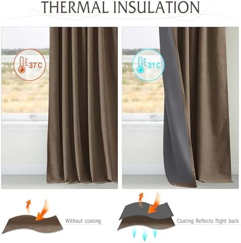 RYB HOME Brown 100% Blackout Linen Curtains 72 Inch Long for Bedroom