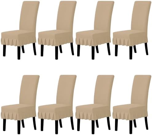 Easy-Going 8 PCS Stretch Dining Room Chair Covers with Skirt, Sand