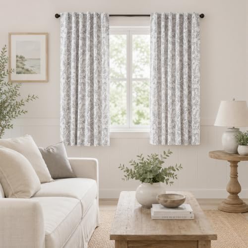 Lazzzy Grey Floral Linen Lined Curtains Rod Pocket 50W X 63L 2 Panels