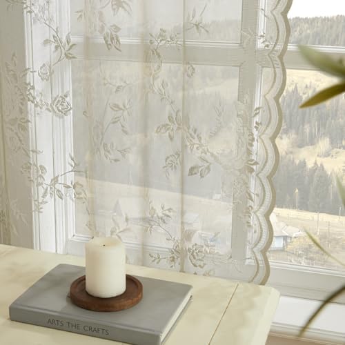 Khaki Lace Curtains 84 Inches Long 2 Panels Vintage Floral Sheer