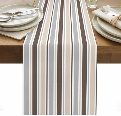 Khaki Grey Striped Table Runner 120 Inches Long for Dining Table