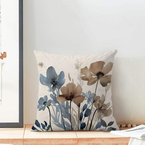 AEIOAE Blue Brown Floral Pillow Covers 20 x 20 Inch Set of 2