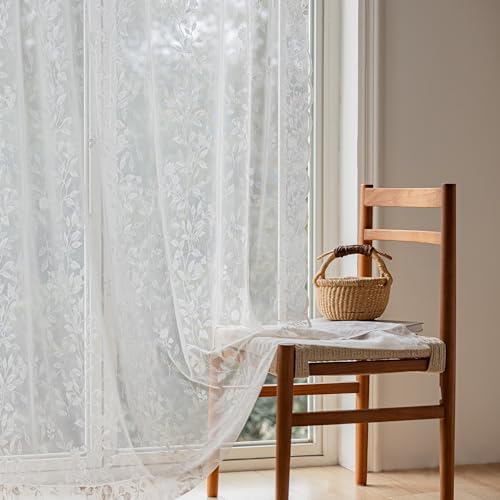Ivory Lace Sheer Curtains 96 Inch Long 2 Panels with Floral Design