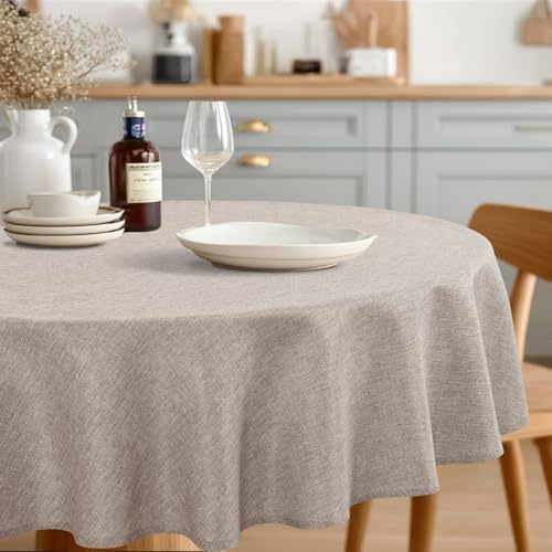 JIUZHEN Round Table Cloth Faux Linen Farmhouse Tablecloth Wrinkle and