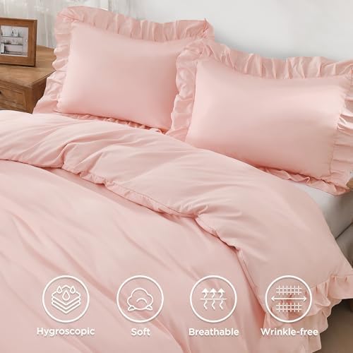 Andency Blush Ruffle Duvet Cover Queen, Shabby Chic Farmhouse Bedding