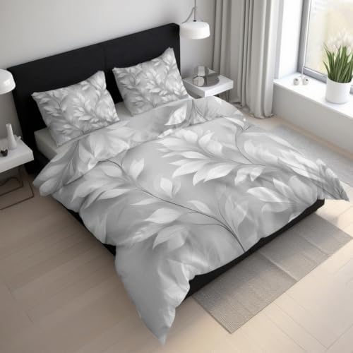 Grey Leaves Bedding King Duvet Cover, Botanical Bedroom Decor