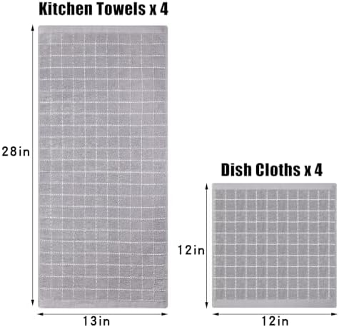 Homaxy Cotton Terry Kitchen Towels and Dishcloths Set of 8, Light Grey