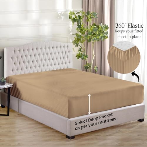 Egyptian Cotton Sheet Set, Full Size Fit 15"-18" Deep Stripe Taupe