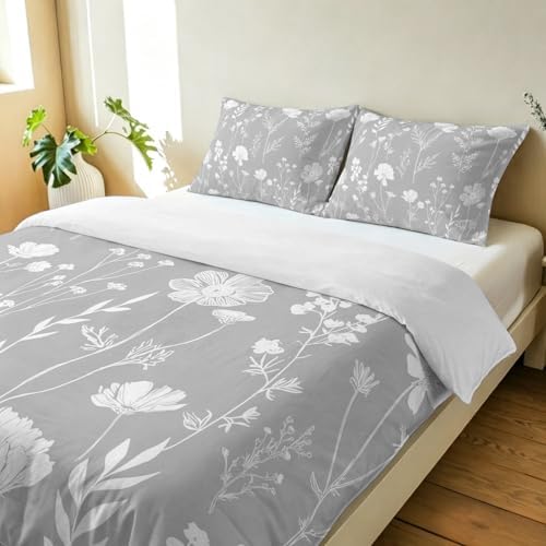 3 Pieces Bedding Set Queen Size, Grey Wildflowers Soft Duvet Covers