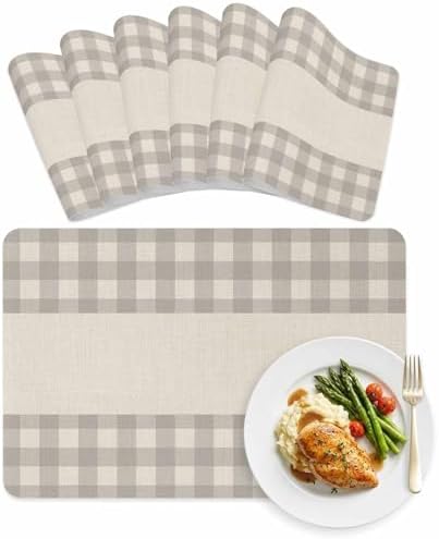 Rectangle Placemat Set of 6 Gray Buffalo Check on Retro Linen Faux