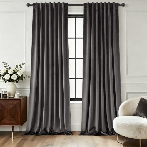 Dark Grey Velvet Blackout Curtains 120 inch Length 2 Panels for Living