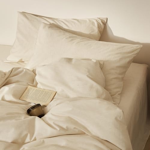 Cream Beige Duvet Cover Full Size, Washed Cotton Minimalist Bedding