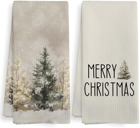 Rustic Beige Winter Christmas Tree Kitchen Towel and Dishcloths Sets