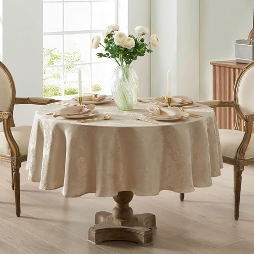 Newbridge Barcelona Damask 70 Inch Round Tablecloth, Golden Beige