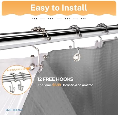 River Dream Grey Shower Curtain with Liner Set, Waffle Fabric Shower