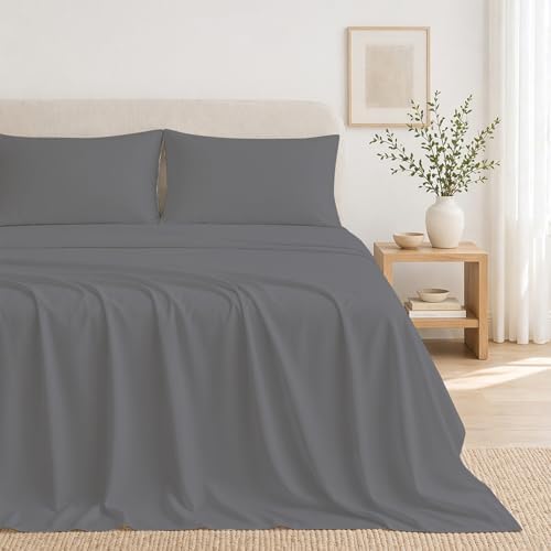 THREAD SPREAD 100% Cotton King Size Sheets Set, Sateen, Dark Grey