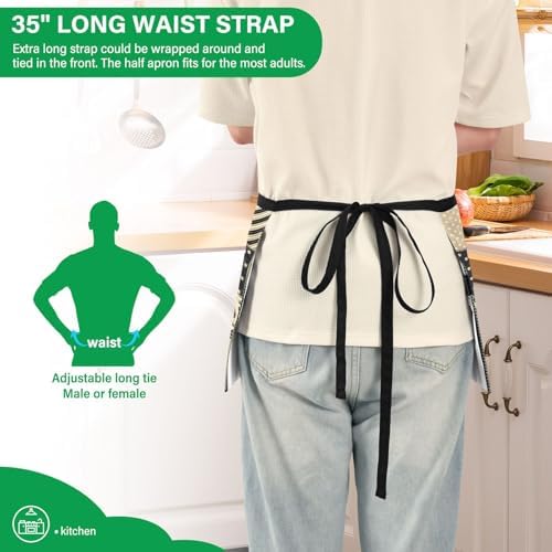 Gingham Patchwork Black Beige Server Aprons with 3 Pockets, Water