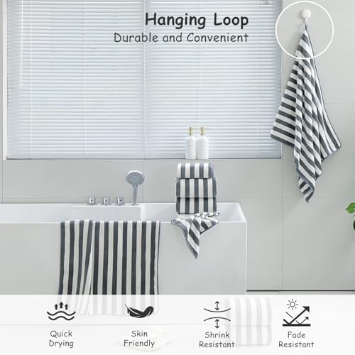 18 Pcs Gray Stripe Bath Towel Set with Hanging Loop-6 Bath Towels,6