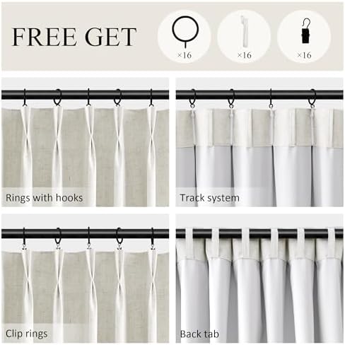 BOODII 100% Blackout Linen Pleated Curtains for Bedroom 96 Inch Long