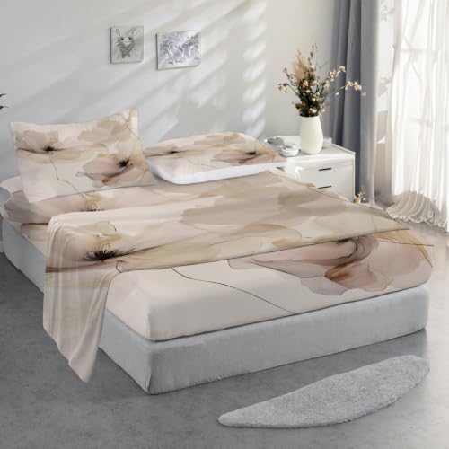 Floral Fluid Lines Artwork Queen Sheet Set, Delicate Petal Depiction