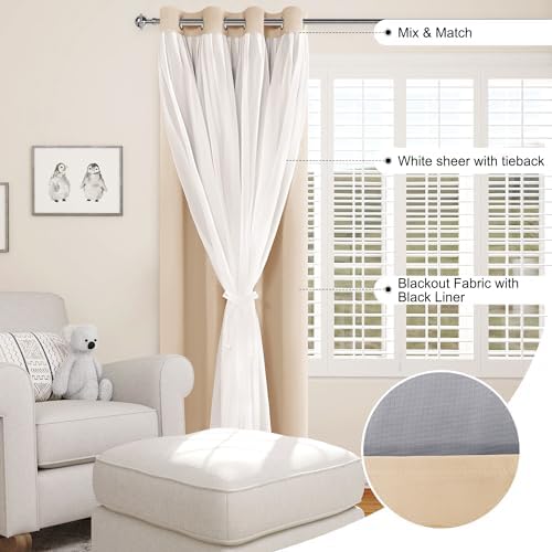 XWZO 100% Blackout Double Layer Curtains, Blackout Curtains with Sheer