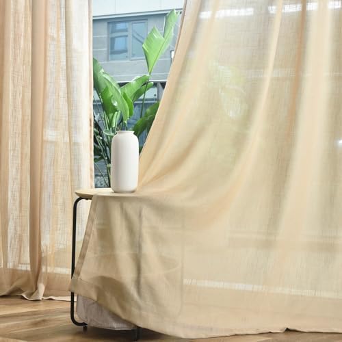 FINECITY Taupe Linen Curtains 63 Inch Length for Bedroom, 2 Panels