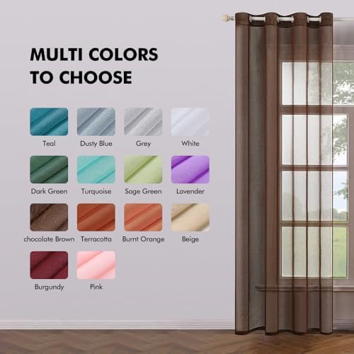 MIULEE Chocolate Brown Sheer Curtains Linen Textured Panels 54X96