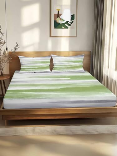 Sage Green Gray King Fitted Sheet Set, Neutral Abstract White Ombre