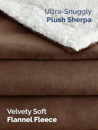 Sherpa Fleece Blanket Throw XL Size - Reversible Blanket - Brown, 50"