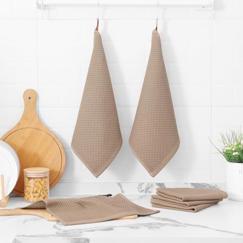 Kitinjoy 100% Cotton Waffle 6-Pack Kitchen Towels, 12" x 12", Tan