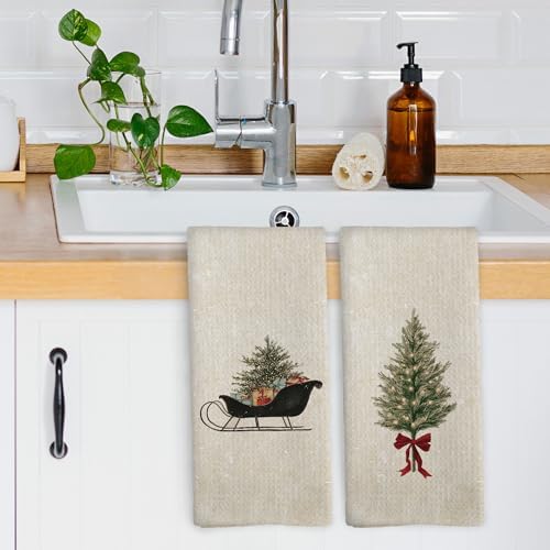 XPH Vintage Christmas Tree Kitchen Dish Towels Set of 2, Christmas