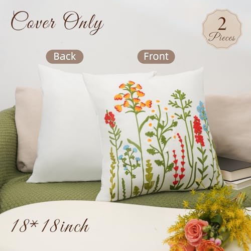 Embroidered Throw Pillow Covers 18x18 Set of 2 with Zipper, Flower