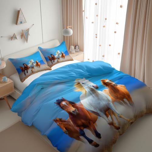 King Duvet Cover Set Soft Microfiber Running Horse Sky Blue