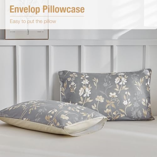 Lekesky Reversible Duvet Cover Queen Size, Grey with Gold Floral