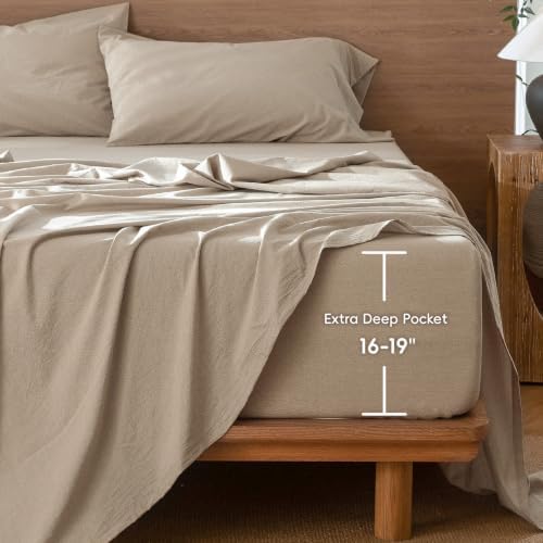 MOOMEE Fitted Sheet Only Washed Cotton Linen-Like Extra Deep Pocket