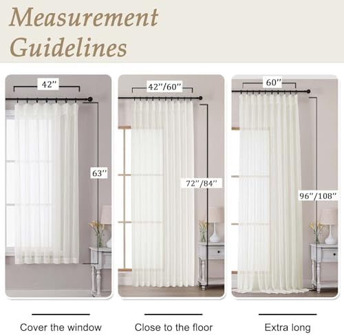OVZME Ivory Sheer Curtains 96 Inches Long 2 Panels Set, Farmhouse