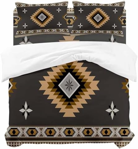 Gray Brown Boho Duvet Cover Set, Vintage Farmhouse Abstract Ethnic
