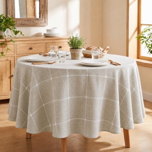 Horaldaily Farmhouse Plaid Tablecloth, Light Coffee, 70×70 Inch Round